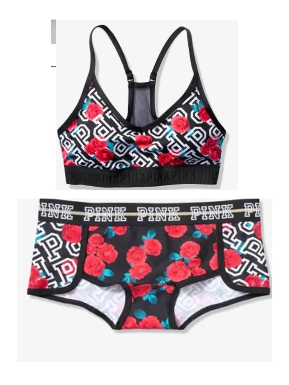 PINK Victoria's Secret Black Floral Logo Racerback Bralette & Boyshort Set